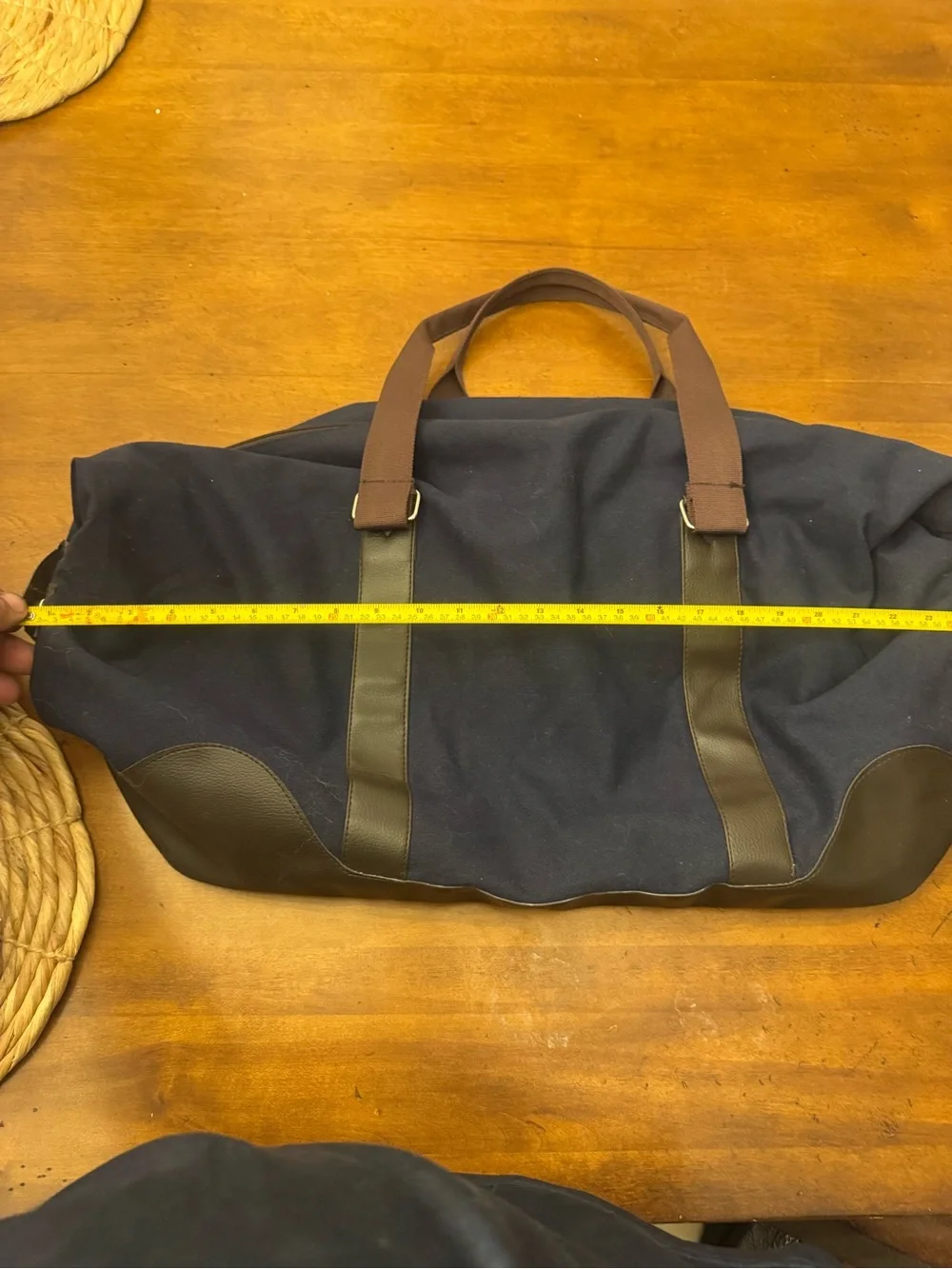Classic Navy Canvas Duffel Bag with Brown Trim